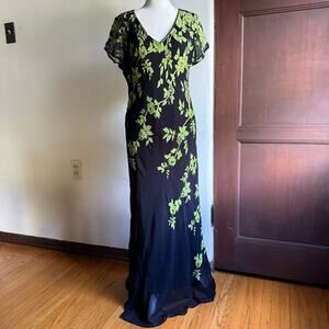 90s Vintage MAJICK Black and Green Floral Fairycore Sequin beaded Gown Medium